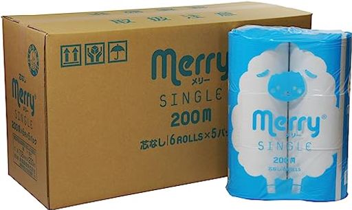 MERRY(メリー)新橋製紙トイレットペーパーシングル芯なし長さ4倍巻200m6ロールx5パック