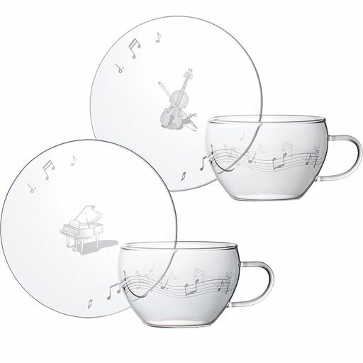 大塚硝子「ミュージックサンドブラスト」カップ&ソーサー耐熱ガラスペアギフトセット約280mlピアノ/ヴ..