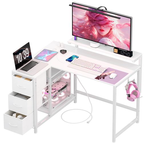 Other - LunarLightPCパソコンデスク幅108奥行き80高さ71.8cmテレワークL型デスク・左右組み換え自由3段調節モニター台(10~33.5cm対応)引き出しとコンセント付き収納たっぷりゲーミングデスクオフィスデ…