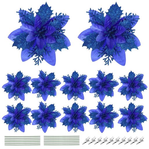 Gadpiparty12枚クリスマスツリー飾り造花キラキラ人工花クリスマスオーナメントクリスマスリースクリスマス花輪DIY装飾自宅店舗飾り(ブルー)