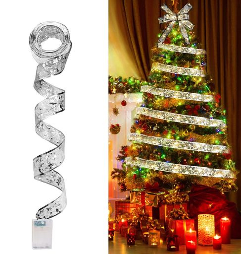 TIKALONクリスマスツリー飾りリボンクリスマスツリーライト2M/5M/10M3種類の寸法選択電池式LEDオーナメ..