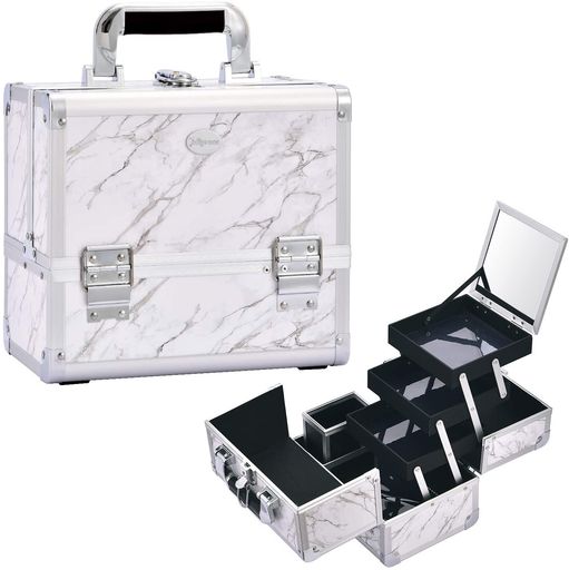 Makeup Boxes - Hapilifeプロ仕様メイクボックス大容量コスメボックス鏡付き3段トレイ化粧箱ネイル収納メイク道具化粧品収納ボックス鍵付き化粧ボックス大理石柄白プレゼント(ホワイト)