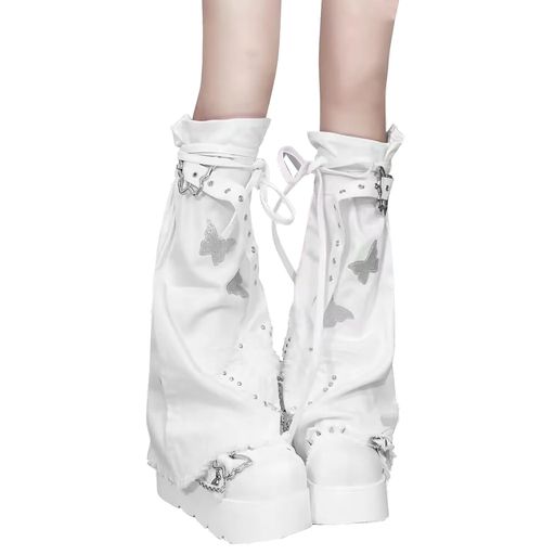 [YEMOCILE]レッグウォーマーレディースルーズソックス蝶柄チェーン付きデニムレッグカバーy2kゴシックリボン原宿パンク地雷系可愛いベルト付きサブカル系ゴスロリギャル冷え取りJk