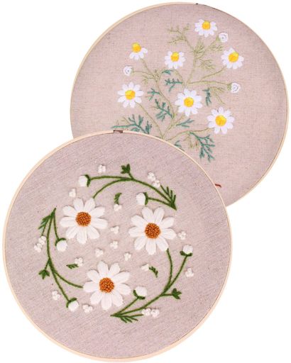 Embroidery - [ママゆるり]フランス刺繍キット花2個セット日本語取り扱い説明書ステッチ説明付刺繍糸刺繍枠図案クロス付(カモミール)
