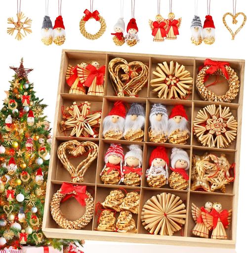 Other - クリスマスツリーオーナメント52点セットクリスマス飾り麦わら細工ストローわら雪花てるてるぼうずクリスマスプレゼント装飾品花輪紐付きクリスマスプレゼント木箱入れ(52個セット)