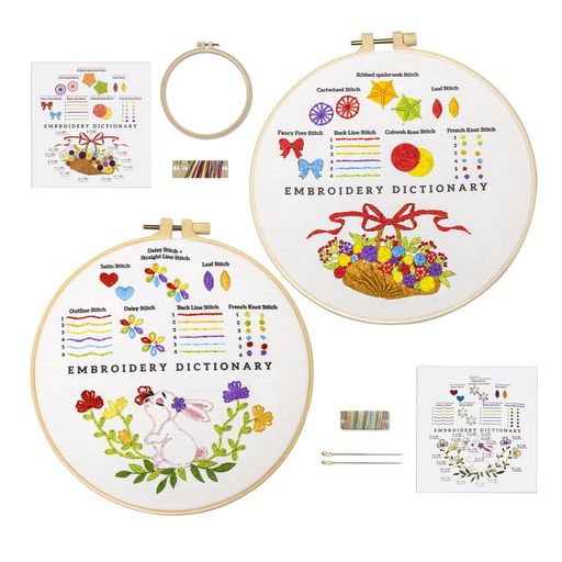 エブヘリーズレベル1手刺繍キット、初心者向けの基本的なステッチ、パックに2セット、フープ1個、型押し布、説明書付き、針2本、刺繍ステッチ練習キット12点(兎子+鲜花)