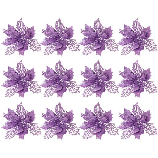 MUCKLILYクリスマス飾り造花クリスマスツリーDIY装飾花飾りインテリアおしゃれオーナメントフラワーキラキラツリー飾り用人工花リースデコレーションパープル12個セット