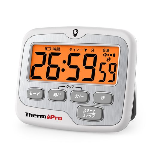 Scales - ThermoProキッチンタイマーバックライト時計付き100時間超長計時無音設定音量調整見やすい大画面マグネット付きカウントアップ/ダウン勉強料理スポーツフィットネス子供用業務用TM01W日本…