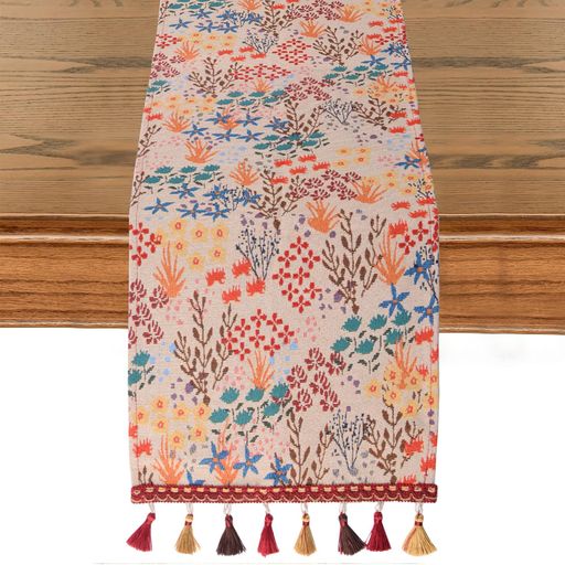 HOMMDECO33*180cmカラフルな枝のジャカードテーブルランナー(タッセル付き)、レトロなポリエステルテー..