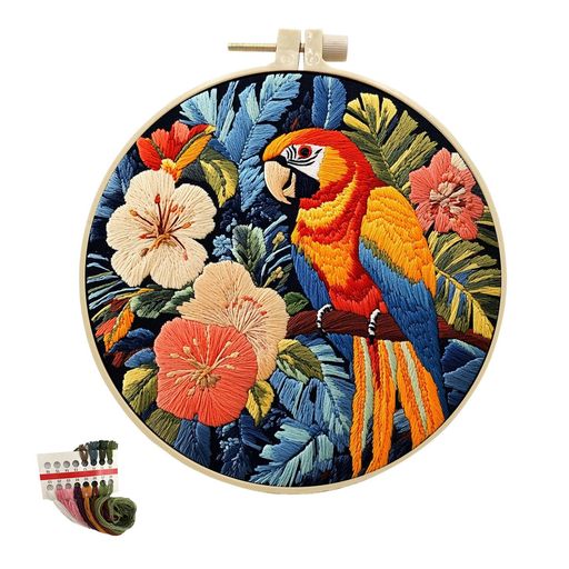 artcici刺繍キット花と葉による昆虫と動物中級者大人用フルレンジ中級刺繍キットクロスステッチ針仕事用品(カラフルなインコ)