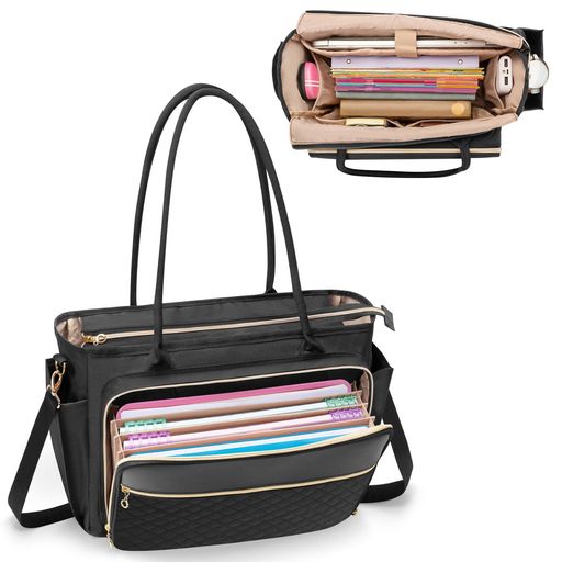 [Luxja]教師バッグオフィストートバッグファイル仕切りポケット付き15.6インチPC対応A4通勤出張通学大容量ブラック