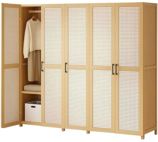 TUIYIDUOワードローブ扉付きクローゼット幅150cmハンガーラック天然竹製通気性大容量洋服タンス棚付き..