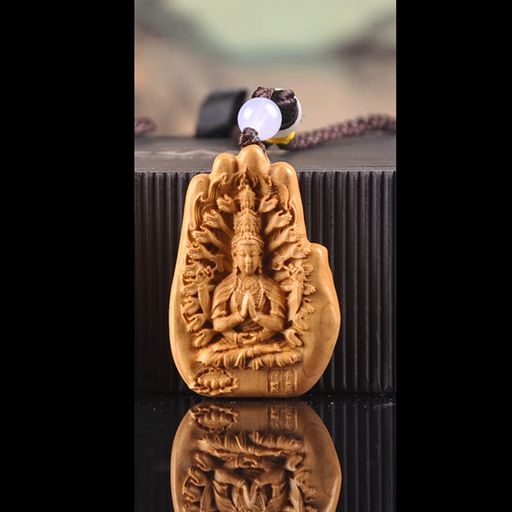 木彫り仏像千手観音菩薩天然崖柏木ペンダントミニ携帯ストラップ開運十二干支お守り本尊祈る厄除け(高..