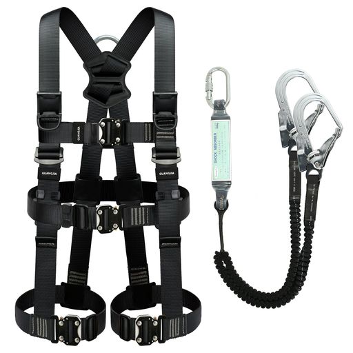 [GUANGJIA]フルハーネス安全帯セット-新規格フルハーネスワンタッチバックル脱着簡単ハーネス安全帯ランヤード付き2丁掛落下防止全身保護キット、高安全作業
