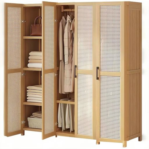 TUIYIDUOワードローブ扉付きクローゼット幅120cmハンガーラック天然竹製通気性大容量洋服タンス棚付き..