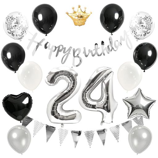 24歳 誕生日 飾り付け バルーン セット ブラック&シルバー happy birthday バナー & 数字バルーン 紙吹雪 王冠付き 豪華パーティー装飾 男の子 女の子兼用