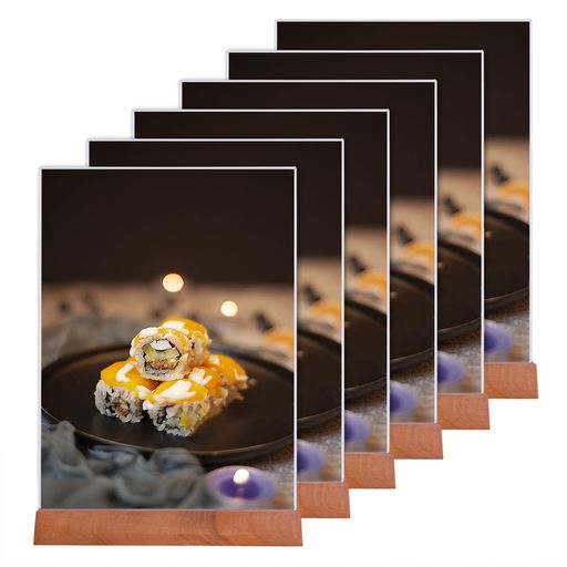 Rakuten - JIDHUHIA4メニュースタンドサインホルダー6個セット透明アクリル製サペリ材(沙比利木)土台付きPOP広告看板カード立て飲食店店舗用展示スタンド(A4)