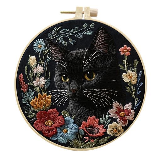 Embroidery - Meecaa刺繍セット入門セット、手刺繍セット、ブラックキャット動物の花パターン印刷クロスステッチセット。初心者向けの成人用で、刺繍フレームと説明書が付属しています(Cat1)