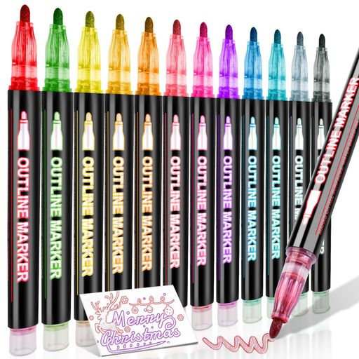 12色アウトラインペン、クリスマスプレゼント用ダブルライングリッターマーカーペン、クリスマスグリー..