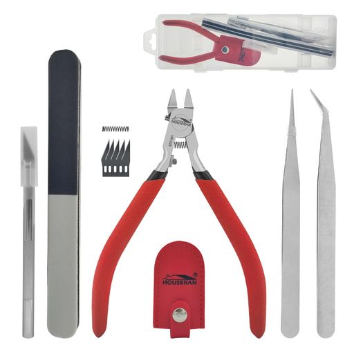 HOUSERANプラモデル片刃ニッパー工具セット11点セットかたばニッパー薄刃ガンプラ模型用120mm精密収納ケース付き初心者向けプラモデル制作ガンプラ水口処理に最適赤