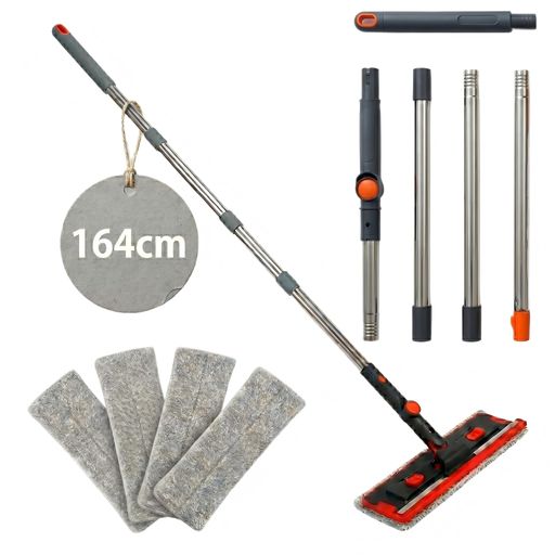 Rakuten - 【引っ越し・大掃除の味方】窓掃除セット164cm超ロングスクイージークロス4枚付窓ふき高所掃除マイクロファイバーモップ水切り180度回転浴室天井壁床掃除用具日本語説明書(グレー/164cm)
