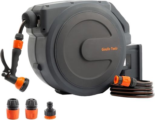Giraffe Tools 自動巻き取り ホースリール 壁掛け式 25m伸縮自由ロック機能ガーデンホース リール、180° 回転ベース7段階ノズル 園芸 花壇 ガーデニング 掃除 庭 洗車、グレー