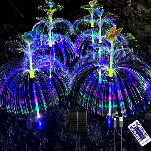 YZYOE6組のLED屋外太陽エネルギー二重蝶クラゲランプ、リモコン付き、防水太陽光庭園の雰囲気装飾灯、多色景観歩道灯。
