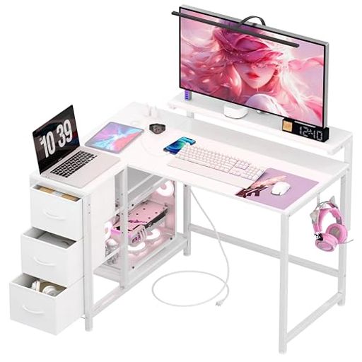 Other - LunarLightPCパソコンデスク幅108奥行き80高さ71.8cmテレワークL型デスク・左右組み換え自由3段調節モニター台(10~33.5cm対応)引き出しとコンセント付き収納たっぷりゲーミングデスクオフィスデ…