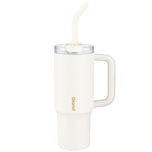 GIANXI(ジャンシ) セラミック タンブラー 1000ml ストロー付き 蓋付き 取っ手付き 保温保冷 真空断熱 広口 大容量 コーヒー 炭酸対応 洗いやすい 可愛い おしゃれ (ホワイト)