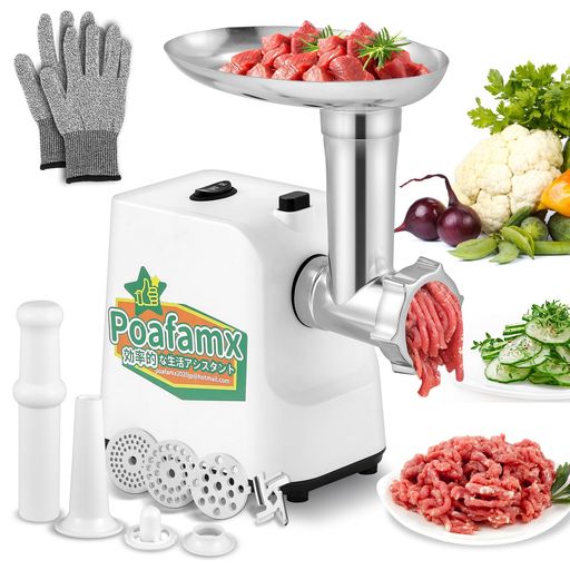 『3種類のブレード』:Poafamxの電動ミンサーは3/5/7mm 3種類のブレードが付き、食材や料理種類に合わせて異なる挽くニーズを満たし、ミンチの大きさを調整できます。餃子、コロッケ、ミートボールなど美味しい料理を家でも手作りできます!1台で便利で実用的です!ご注意:皮、腱のある肉や、水分の多い野菜はすりつぶせません。 『5 IN 1野菜スライサー部品』:粗おろし、細おろし、スライス、クリンクル、粉砕の5つの刃を備えたこの5 IN 1野菜スライサー部品は、チーズ、ジャガイモ、ニンジン、タマネギ、キュウリ、キャベツ、果物、チョコレートなどに最適です!サラダ、スープ、デザートはもちろん、波型ポテトチップスも簡単に作れます。 『より広い投入シュート』:改良された大きな投入シュートは、ジャガイモ、キュウリ、ニンジン、その他の野菜やチーズを丸ごと直接シュートに入れることができ、食材を処理する時間を節約できます。 切断速度がより速いです。