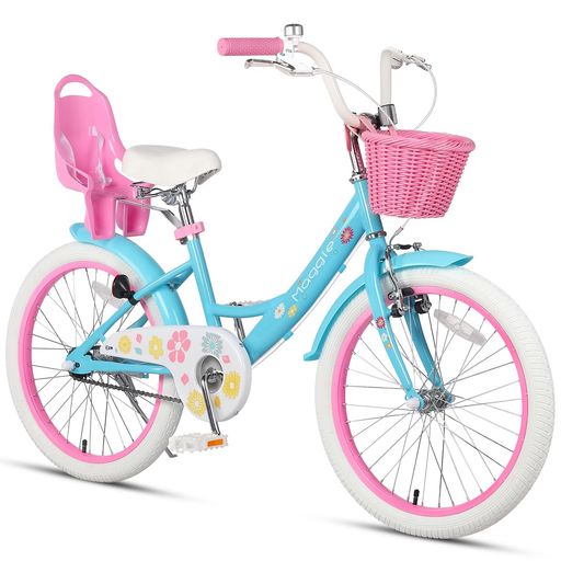 Rakuten - GlercMaggie子供用自転車女の子用キッズバイク幼児乗り練習花柄かご付き補助輪付きこども三輪ぬいぐるみ座席付きvブレーキ6~12歳青ブルー&ピンク