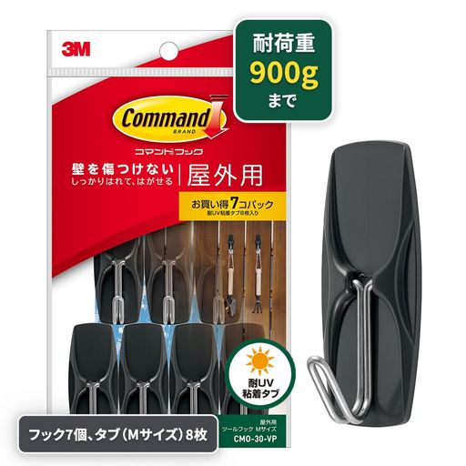 【製品情報】Mサイズ (耐荷重900g) /セット内容:フック7個、耐UV粘着タブ8枚 【どんな天気でも頼れる、屋外用フック!】紫外線や水に強く、雨や日差しに強いコマンド フック。すだれの取り付け、ガーデニングツールや工具などの収納に。 【ツルツル面にしっかり固定】ガラスやタイルなど、屋外の様々な平滑面にしっかりと設置できる壁掛けフック。 【ペタッとカンタン設置】コマンド タブで貼り付けるだけなので、壁に穴をあける必要がありません。工具を使わずに手軽に取り付けられます。 【壁をキズつけず、キレイにはがせる!】不要になれば粘着タブを取りつけ面にそってゆっくり伸ばすだけ!跡を残さずキレイにはがせるので安心してご使用いただけます。お部屋の飾りつけやデコレーションも、好みや気分に合わせて気軽に楽しめます。はがした壁掛けフックは、替えのタブを貼るだけで再利用できます! 【取りつけ前の準備で粘着力をフルに発揮!】取りつけ面をキレイにし、ホコリや油分を取り除いた後、完全に乾かしてから製品をとりつけることで粘着力が十分に引き出され、しっかりと固定ができます。キレイにする際、洗剤は成分が表面に残るので、使わないでください。