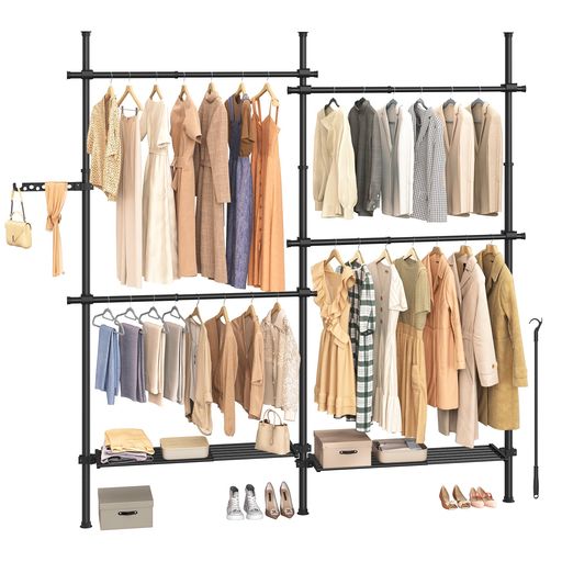 SONGMICSハンガーラックツッパリ式伸縮式ランドリーラック2列洋服掛けスタンド室内・ベランダ物干しラ..