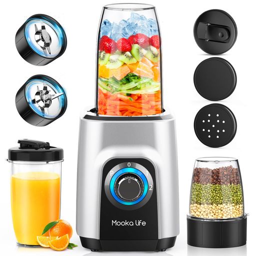 「一台多役&amp;低騒音&amp;レシピ付き」 Mooka life多機能ミキサーは、ミルとミキサーの両方の機能が使える便利な調理家電です!液体と食材を撹拌し、ジュースを作るミキサー機能をメインに、細かく粉砕してコーヒー豆を挽いたり、粉茶や手作り粉末だしなどが作れるミル機能が追加されています。忙しい朝でも、健康的なスムージーや挽きたてコーヒーを手軽に楽しみます。8分音符多彩なメニューが楽しめるレシピブック付き、届いてすぐに、レシピに迷わすチャレンジしていただけます。 健康と栄養の食生活のため、自分好みのスペースで、毎日楽しく料理しませんか? 「450W強力パワー&amp;6枚刃&amp;砕氷OK」 このジューサーは450Wの強力モーターを搭載し、最大23000回/分の高速回転で、ハイパワーで氷も粉砕できます。さらに、繊維質や氷を細かく切削できる独自の6枚刃「Mooka lifeブレード」を採用しており、優れた耐久性を持ち、固形の食材と液体を撹拌してあっという間になめらかになるまで仕上がります!野菜や果物を使ったスムージーやジュース、ミルクシェイクなどが短時間に作れ、ジューサー、ミキサーはこれ1台あると調理の幅がより広がります。