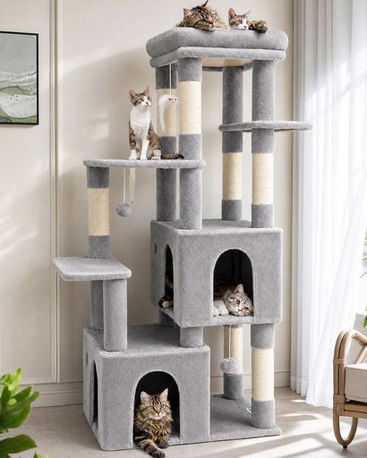 Globlazer F61 キャットタワー 大型猫用 多頭飼い 据え置き 多機能 付き ハンモック 見晴台 強い安定性 簡単に登れる ライトグレー