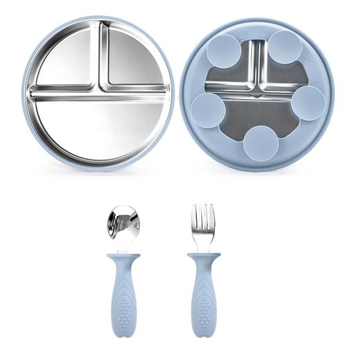 Doyimeベビー食器ステンレス製ひっくり返らない吸盤付きプレート赤ちゃん用ベビースプーンフォークセッ..
