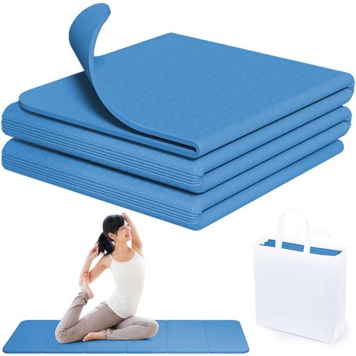 Taekuヨガマット折りたたみ厚さ6mm滑り止め軽量トレーニングマットフィットネスマットトレーニングピラティスストレッチ筋トレ用183cm*61cmストレッチマット収納バッグ付き(ブルー)