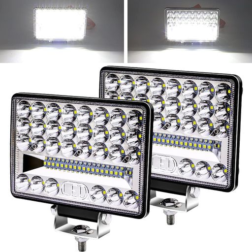 ヘッドライト 星(塗り潰し)【高輝度LED作業灯】こちらの車用LED作業灯は広角&amp;狭角タイプとなっております。黄線+黒線-で接続せれば、18粒まであるスポットライトLEDが200メートルまで照明してくれ、その下にある拡散タイプLEDも拡散して目の前が路況が見やすくなります。赤線+黒線-で接続すると、上の3行拡散タイプLEDも点灯、より一層の明るさで楽で広い照明を提供します。 星(塗り潰し)【効率的熱放散】ワークライト LEDには内部ヒートシンク、外部熱放散フィンがあり、熱を速やかで最大限に発散できます。長時間に使われても過熱しなく、省エネ、長寿命、耐久30000時間以上です。 星(塗り潰し)【高品質補助灯】この車用補助ライトはアルミダイキャスト製外殻&amp;合金製ステーを備えて、プラスチック製のチープ造りや錆びやすい製品との区別が一目瞭然です。耐衝撃耐蝕、安定性能、角度調整可能、取付簡単。 星(塗り潰し)【初級防水防塵企画】防水作業灯はDC12v-24v兼用で防水です。雨、水、湿気や粉塵をブロック、レンズに結露や汚れが出にくいです。星(白抜き)ヒント:防水性をより一層高めるのには、レンズ周り、コード根元とワークライト本体のシリコンコーキングがオススメです。