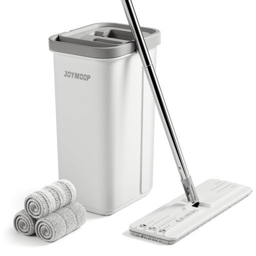 乐天商城 - JOYMOOPモップとバケツ絞り器セットハンズフリーフラットフロアモップとバケツ洗えるマイクロファイバーパッド3枚付き拭き掃除対応の床掃除システムフローリング乾湿両用