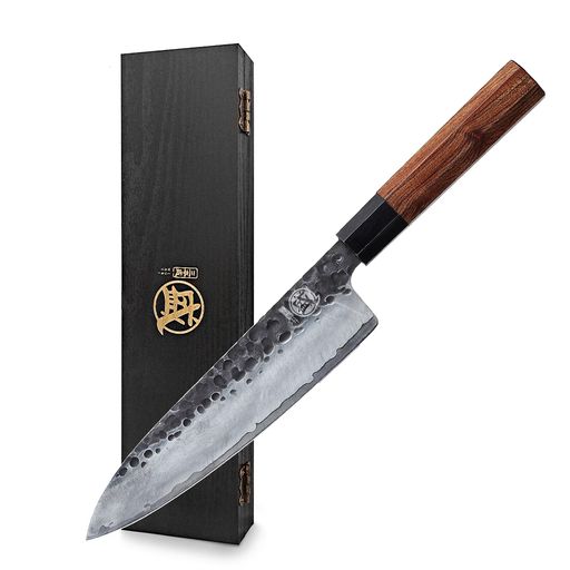 MITSUMOTO SAKARI 牛刀 220mm 木製ハンドル 手鍛造 三層構造 高炭素ステンレス シェフナイフ 業務用 家庭用 切れ味鋭い 耐久性 肉料理 魚料理 野菜切り 調理道具 (ローズウッドハンドル サンダル…