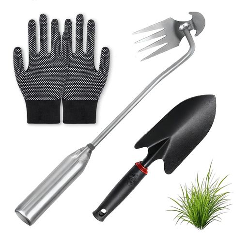 DRYYHEML(小さな店)草刈り機 草刈機 雑草ブラシ 草取り道具 雑草取り器具 草刈り 四本爪鍬 片手でスッと 楽々 土も掘れる 子どもからシニアまで 根ごと抜く 軽量 作業用手袋付き+庭用シャベ…