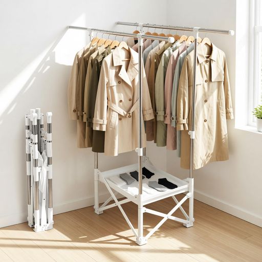 【組立不要・1秒で設置】面倒な組み立ては一切不要の一体型設計。箱から出して広げるだけで、すぐに使えます。梅雨や花粉の季節、急な雨の日の室内干しにも大活躍します。 【大容量・ダブルバー伸縮】伸縮式ダブルバー仕様で、布団やシーツもたっぷり干せる大容量タイプ。高さ約84〜148cm、横幅約75〜130cmまで調整可能。耐荷重約40kgで、まとめ洗いした大量の洗濯物も安心して干せます。 【便利な平干しネット付き】下段には通気性の良いメッシュ棚を搭載。セーターやニットなど型崩れが気になる衣類、枕やぬいぐるみの平干しにも最適です。ハンガーに掛けにくい小物の乾燥にも便利。 【高耐久ステンレス・安定性】耐久性に優れたステンレス素材を採用し、湿気の多い時期でも安心。安定感のあるX型設計で、重たい洗濯物を干してもぐらつきにくく、しっかり支えます。 【スリム収納・省スペース】使わない時は約86x10x10cmにスリム収納。クローゼットやベッド横、家具のすき間にもすっきり収まります。一人暮らしの方やマンション住まいの方にもおすすめです。