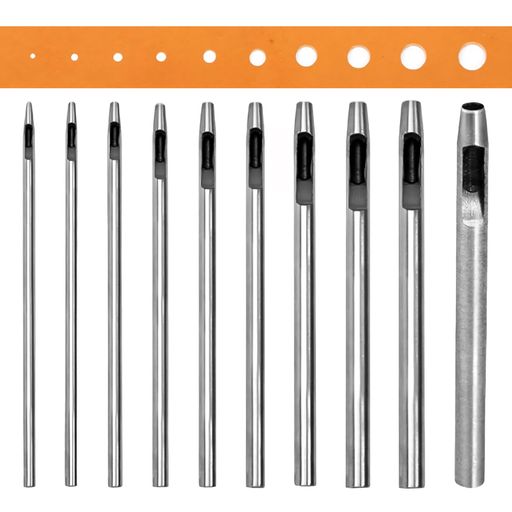 セット内容:10本セット。 材質:ごうきん。 サイズ:0.5mm、0.8mm、1mm、1.2mm、1.5mm、2mm、2.5mm、3mm、3.5mm、4mmの合計10種類のサイズをご用意しております。 操作が簡単:表面が滑らかで刃先が精密なため、初心者の方でもすぐに慣れ、パッド板と併用することで正確できれいな穴あけが可能です。 スムーズな穴あけ:排屑槽を拡大し、厚手の革でも詰まりなくスムーズに穴あけでき、作業効率の向上に役立ちます。 幅広い用途:革だけでなく、ワッシャーやベルト、プラスチック、ビニール板、ゴムなどの軟質素材にも対応し、さまざまなDIYや修理にご活用いただけます。