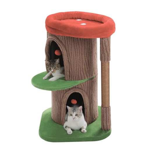 インドア 【大型猫もゆったり|森シリーズの隠れ家デザイン】まるで木の洞窟のような隠れ家とキノコのアクセントで、お部屋に森のやさしい雰囲気を。大型猫もくつろげる、おしゃれで世界観のある据え置きタワーです。 【40x60cmの大きいベッドで”大型猫もはみ出さない”】ゆったり40x60cmの大型ベッドで、体の大きい子もはみ出さずに熟睡。カバーは取り外して洗えるので、いつも清潔に保てます。 【約15kgの重量&amp;60x60cm厚4cm土台で”大型猫でも安定”】どっしり約15kgの本体と、60x60cm・厚さ4cmの広い土台で抜群の安定感。大型猫が勢いよく飛び乗っても、グラつきにくい設計です。 【3階&amp;複数の隠れ家で”多頭飼いも大満足”】3階建ての構造に複数の隠れ家とステップを配置。多頭飼いでもそれぞれのお気に入りスポットが見つかり、上下運動でしっかり運動不足を解消できます。 【ジュート爪研ぎ&amp;ポール交換可で”長く使える”】丈夫なジュート麻ポールで思いきり爪とぎ、家具を守ります。ポールは単独購入できるので、ボロボロになっても交換して長くお使いいただけます。
