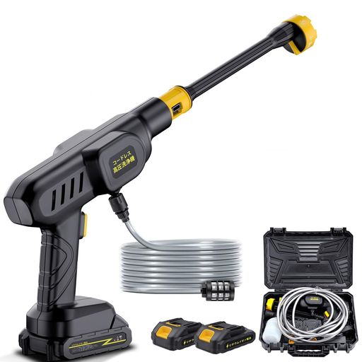 高圧性能:最大噴射圧力7MPa、毎分6Lの水量で強力な洗浄力を実現。最大8メートルまでの噴射距離で効率的な清掃が可能 バッテリー仕様:2個の27Wh充電式バッテリーが付属し、コードレスで自由な移動が可能。連続使用に対応した設計 多機能ノズル:6種類の切り替え可能なノズルとフォームノズルを搭載し、様々な洗浄ニーズに対応 使いやすい設計:5メートルのホースと軽量ボディで持ち運びが便利。収納ケース付きで保管も簡単 幅広い用途:洗車、自転車、庭、窓、階段、壁、玄関、ベランダ、お風呂など、様々な場所での清掃に活用可能