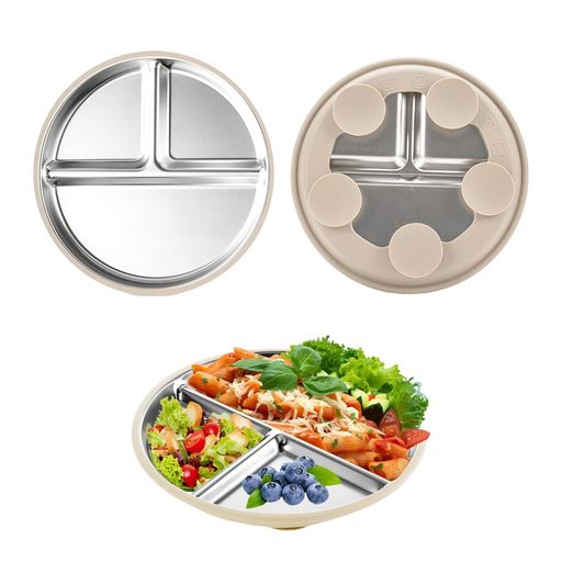 Plate, Bowl, Set - Doyimeベビー食器吸盤付きひっくり返らないステンレス製食品級シリコン製仕切り付き滑り止め&分離式デザイン食洗機対応シリコン底子供幼児用高齢者抗菌出産祝いギフトプレゼント