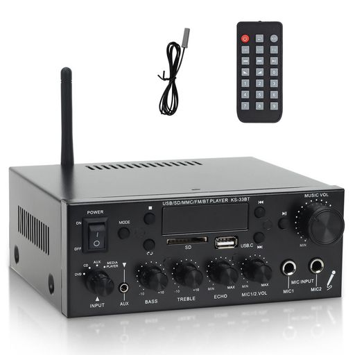 【Bluetoothアンプ ・交換性抜群】このHiFiパワーアンプはBluetooth対応できるワイヤレス車載用、家庭用ステレオレシーバーです。Bluetooth機能を備えるので、スマートフォン、タブレット、ラップトップ、iPhone、iPadなどブルートゥースデバイスに簡単に接続できて、とっても便利なアンプです。また、USBインタフェースを搭載し、プラグアンドプレイで、高品質の音楽を自由に楽しむことができます。 【パワーアンプ】QuiExactのアンプは高性能チップを採用することで、まるでCD音源を再生しているような高音質サウンドを実現します!メインボリューム、トゥイーター、およびベースはすべてアナログコンポーネントによって規制されており、音楽の性質をより忠実に復元し、実際の音楽を聴いて、本当のHIFIサウンドエフェクトを提供できます。高音域&amp;低音域のつまみを調整し、高音域と低音域を盛り上げた音楽を表現し、バイパス機能で、より繊細で滑らかなオリジナルの音を楽しむことができます。
