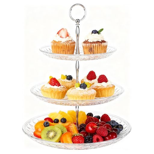 樂天商城 - ケーキスタンド果物収納透明お菓子皿アクリル樹脂3段デザートスタンドお菓子果物ケーキアフタヌーンティーパーティー誕生日パーティー用丸型結婚式北欧の風(銀の棒)
