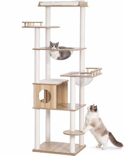 クライミング 【安定感抜群・大型猫&amp;多頭飼い対応】幅55x奥行48x高さ184cmのしっかり設計。広いベースでぐらつきにくく、大型猫や多頭飼いのご家庭でも安心して使えるキャットタワーです。滑り止めフェルトマットと付属の防転倒用固定ロープでさらに安全性アップ。多頭飼いにもぴったり。 【多機能オールインワン】 登る・休む・遊ぶ・爪とぎ・眺める──猫ちゃんの一日のすべてをこの1台で実現。宇宙船ボウル、展望台、猫ハウス、ステップなど多機能を一体化したキャットタワーで、省スペースでもしっかり運動&amp;リラックス。お部屋の中に理想的な「遊び場」と「癒し空間」を作れます。 【透明ボウルで楽しい見晴らし】上段(直径35cm)と下段(直径30cm)の2つの透明ボウルを装備。猫ちゃんが中に入ってリラックスする姿も、下から可愛く見えるデザイン。ボウルは簡単に取り外して水洗い可能。 【登りやすい動線設計】段差がスムーズに配置されており、子猫から成猫まで登りやすい設計。トップにはふかふかクッション付きの展望台、囲い付きステップや広々とした猫ハウスも備え、遊びも休憩も快適です。