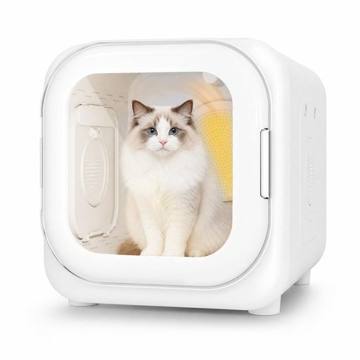 ぺっとどらいやー 【犬猫兼用・コンパクト】52Lのドライルームでペットがゆったり寝転べる広さ。驚きのコンパクト設計で設置面積はわずか0.13畳、狭い住宅でも省スペース。本体重量はたったの5.3kg、女性でも楽に持ち上げられる。移動もラクラクで、使いたい時にサッと持ち運べて収納も簡単。製品サイズ:47x43x46cm。内寸:42x37x34cm。耐衝撃性に優れた強化ガラスを使用。高い透明度を保ちながら、ペットによる引っかき傷にも強い。 【ムラなく送風ドライヤーハウス】底部からの温風が勢いよく上昇し、天井面で跳ね返って被毛のすみずみまでまんべんなく行き渡る。特に乾きにくいお腹や足裏までしっかり乾燥させ、ストレスフリーなドライ体験を実現する。温度(室温〜45°C)・タイマー(1〜120分)・風量は自由に調節可能で、天候やペットの状態に応じて細かく設定できる。遠赤外線機能とPTCセラミックヒーターを内蔵し、寒い冬でもわずか5秒で設定温度に到達。ボックス内は常に新鮮な空気が循環するデュアルチャネル吸気設計で、全体の70%が安定した温風をキープし、30%の外気を継続的に取り込んで入れ替える。